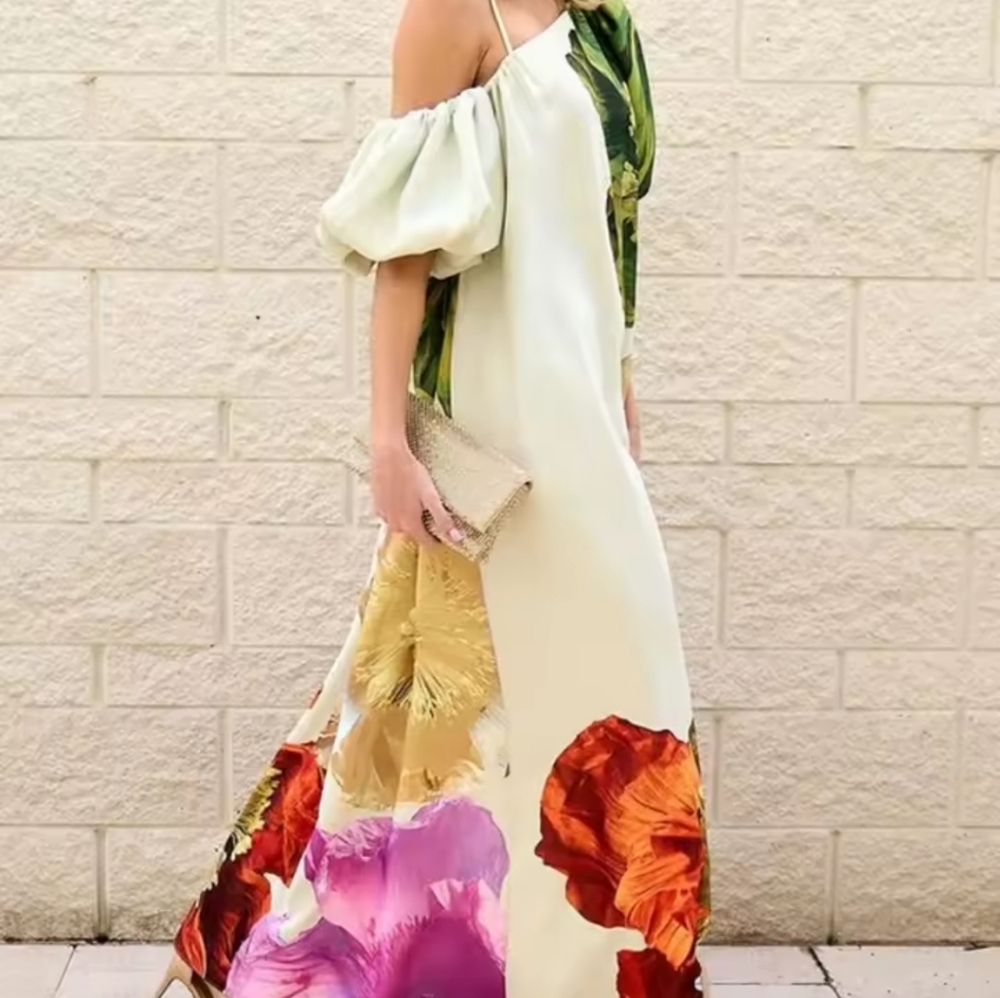 Women Elegant Floral Printed Evening BanquetMaxi Dresses 2025 New Summer Puff S